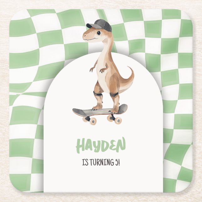 Posavasos Cuadrado De Papel Dinosaurio Cumpleaños Retro T Rex Chequeado (Anverso)