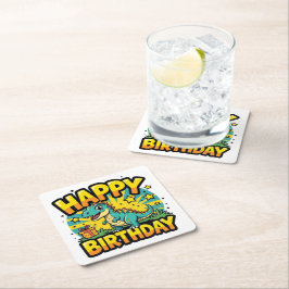 Posavasos Cuadrado De Papel Dinosaurio feliz cumpleaños