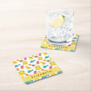 Posavasos Cuadrado De Papel Dinosaurios Cutos, Patrón De Dinosaurios, Tu Nombr