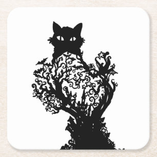 Posavasos Cuadrado De Papel Diorama de gato de Halloween con árbol de estrella