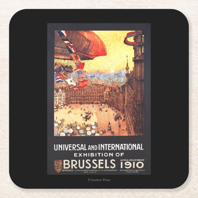 Posavasos Cuadrado De Papel Dirigible de Lebaudy con las banderas del mundo en (Anverso)