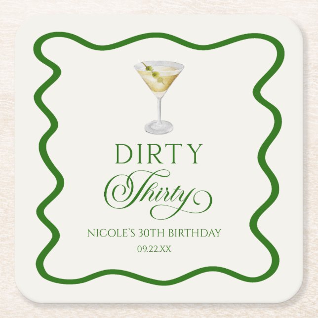 Posavasos Cuadrado De Papel Dirty Thirty Dirty Martini Birthday Party (Anverso)
