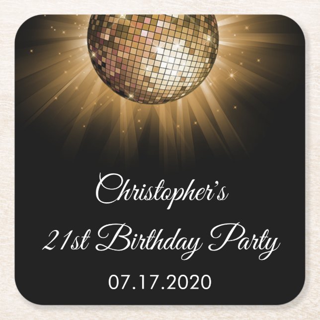 Posavasos Cuadrado De Papel Discoteca Dance Birthday Party Gold Sparkle (Anverso)