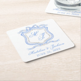 Posavasos Cuadrado De Papel Diseñador de color de agua Boda de monograma azul