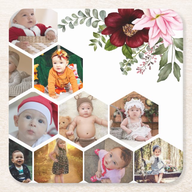 Posavasos Cuadrado De Papel Diseñar su propio Collage de fotos Floral 10 (Anverso)