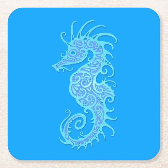 Posavasos Cuadrado De Papel Diseño azul complejo del Seahorse (Anverso)