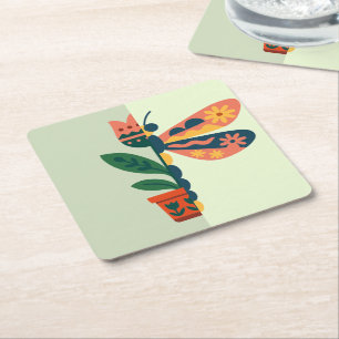 Posavasos Cuadrado De Papel Diseño caprichoso de libélula floral
