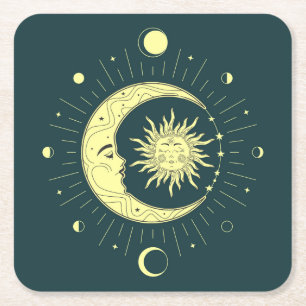 Posavasos Cuadrado De Papel Diseño celeste solar y lunar con fases lunares