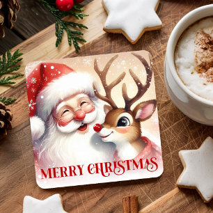 Posavasos Cuadrado De Papel Diseño de acuarela de Santa Claus y Rudolph navide