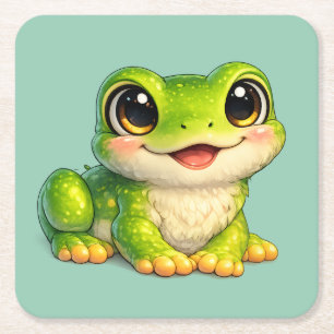 Posavasos Cuadrado De Papel Diseño de animal Kawaii de rana linda con ojos gra