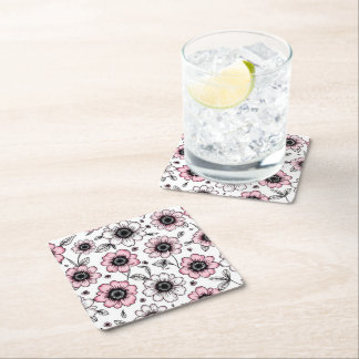 Posavasos Cuadrado De Papel Diseño de boceto de flores y hojas rosadas