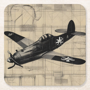 Posavasos Cuadrado De Papel Diseño de boceto de lápiz de plano vintage ww2