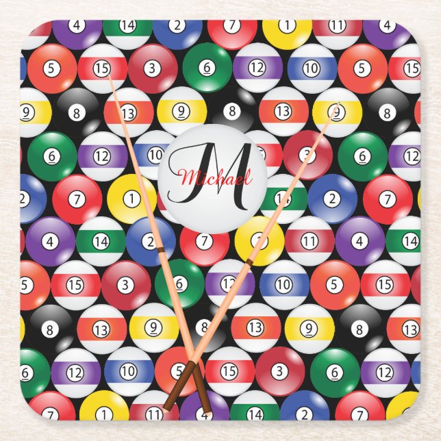 Posavasos Cuadrado De Papel Diseño de bolas de billar monograma (Anverso)