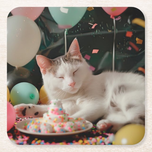 Posavasos Cuadrado De Papel Diseño de celebración de cumpleaños de gatos adora (Anverso)