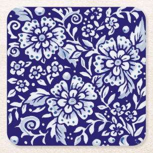 Posavasos Cuadrado De Papel Diseño de Chinoiserie floral Marina Blue Bold