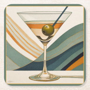 Posavasos Cuadrado De Papel Diseño de Cocktail Martini Mid Century