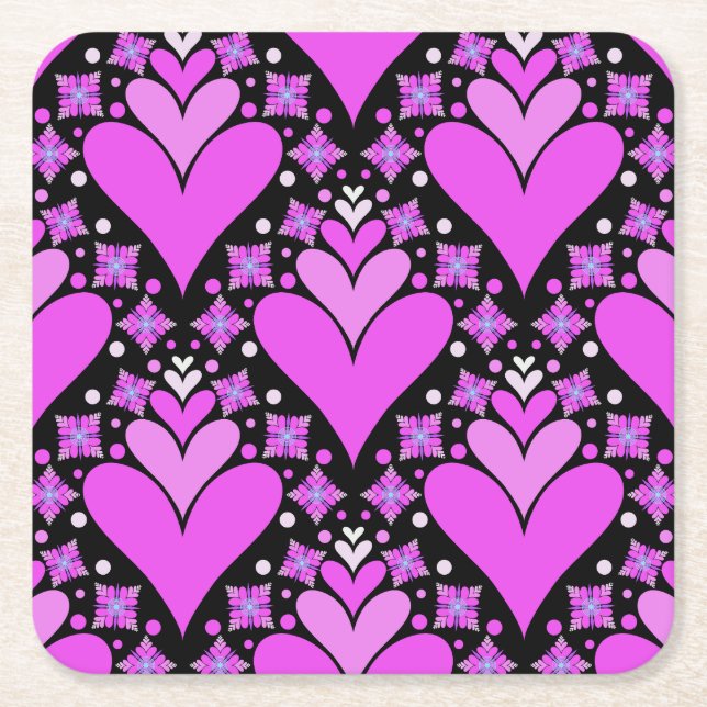 Posavasos Cuadrado De Papel Diseño de corazón moderno y lindo en rosa y negro (Anverso)
