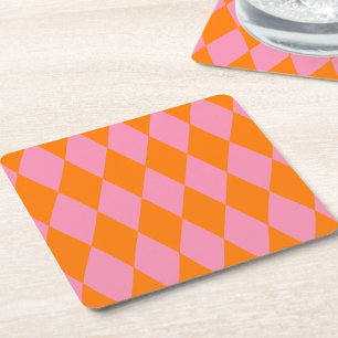 Posavasos Cuadrado De Papel Diseño de cuadros arlequín naranja y rosa