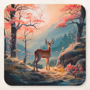 Posavasos Cuadrado De Papel Diseño de escena del bosque de ciervos de otoño en