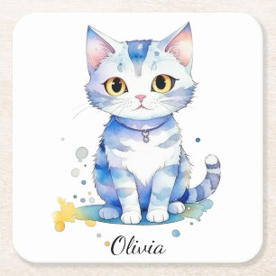 Posavasos Cuadrado De Papel Diseño de gatos de acuarela (gatito)
