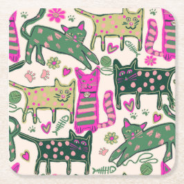 Posavasos Cuadrado De Papel Diseño de gatos retro