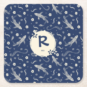 Posavasos Cuadrado De Papel Diseño de Koi del japonés del azul real