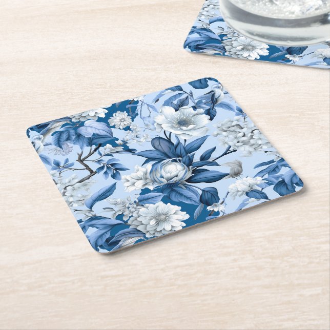 Posavasos Cuadrado De Papel Diseño de la serie Chinoserie azul y blanco 3 (En perspectiva)