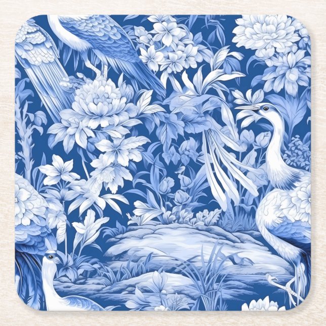 Posavasos Cuadrado De Papel Diseño de la serie Chinoserie azul y blanco 8 (Anverso)