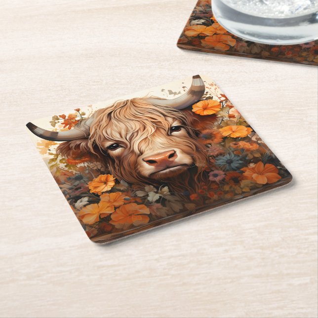 Posavasos Cuadrado De Papel Diseño de la serie de vacas florales Highland 3 (En perspectiva)