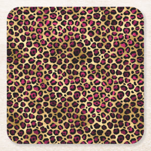 Posavasos Cuadrado De Papel Diseño de la serie Leopardo Burgundy y Gold 2