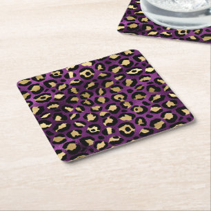 Posavasos Cuadrado De Papel Diseño de la serie Leopardo púrpura y dorado 1