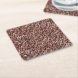 Posavasos Cuadrado De Papel Diseño de la serie Leopardo Rosa y Dorado 15