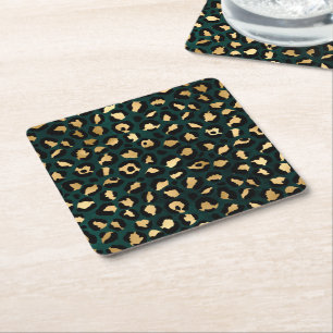 Posavasos Cuadrado De Papel Diseño de la serie Leopardo Verde Azul y Dorado 1