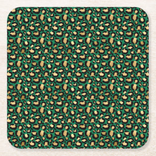 Posavasos Cuadrado De Papel Diseño de la serie Safari Esmeralda y Oro 3