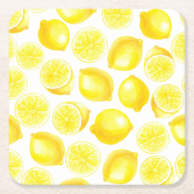 Posavasos Cuadrado De Papel Diseño de limones acuarelas (Anverso)