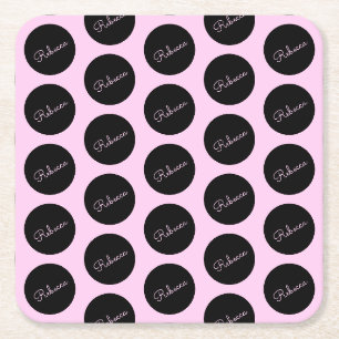 Posavasos Cuadrado De Papel Diseño de lunares negro y rosa retro-moderno