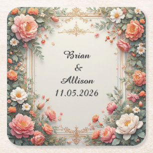 Posavasos Cuadrado De Papel Diseño de Marco Floral Elegante para Bodas