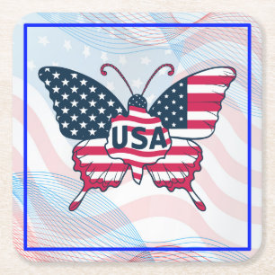 Posavasos Cuadrado De Papel Diseño de mariposa de bandera estadounidense-62616