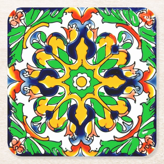 Posavasos Cuadrado De Papel Diseño de mosaico Talavera Terracotta Mexicana No. (Anverso)
