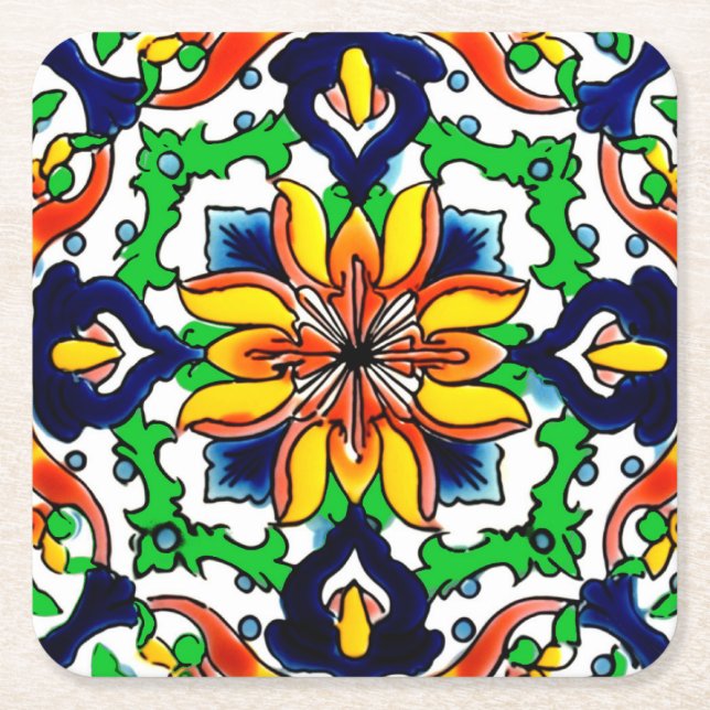 Posavasos Cuadrado De Papel Diseño de mosaico Talavera Terracotta Mexicana No. (Anverso)