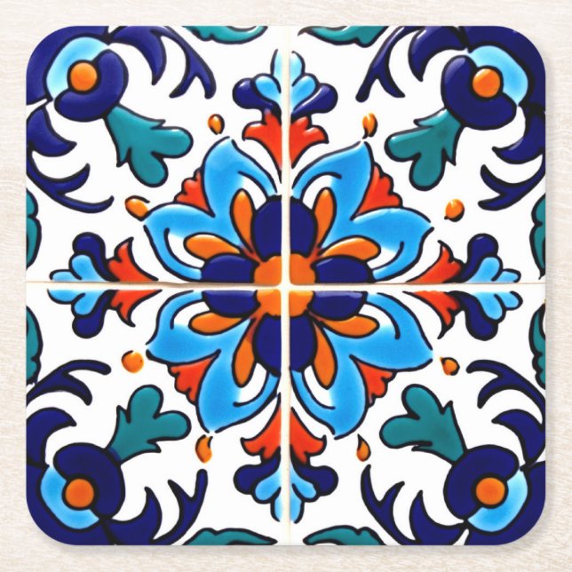 Posavasos Cuadrado De Papel Diseño de mosaico Talavera Terracotta Mexicana No. (Anverso)