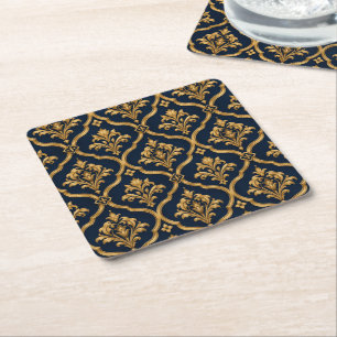 Posavasos Cuadrado De Papel Diseño de Motivo Vintage de Damasco Dorado y Azul 
