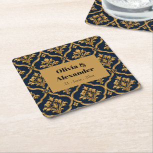 Posavasos Cuadrado De Papel Diseño de Motivo Vintage de Damasco Dorado y Azul 