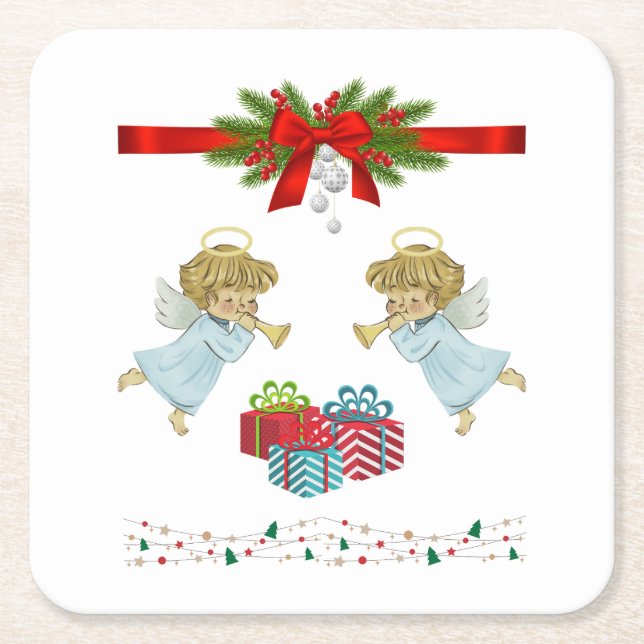 Posavasos Cuadrado De Papel Diseño de navidades con ángeles (Anverso)