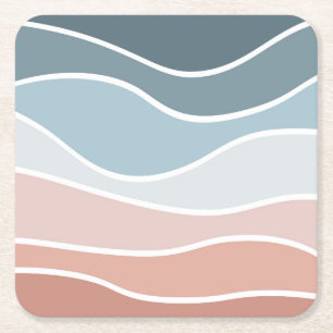 Posavasos Cuadrado De Papel Diseño de olas de estilo retro azul y rosa