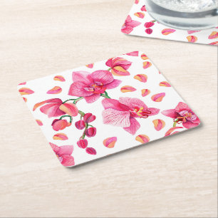 Posavasos Cuadrado De Papel Diseño de orquídeas en acuarela 2
