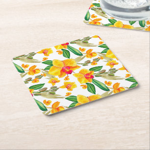 Posavasos Cuadrado De Papel Diseño de orquídeas en acuarela 9