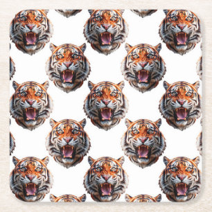 Posavasos Cuadrado De Papel Diseño de patrón de cabeza de tigre - Blanco