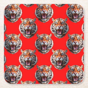 Posavasos Cuadrado De Papel Diseño de patrón de cabeza de tigre rojo