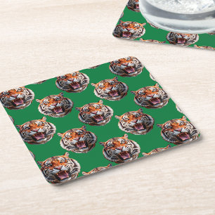 Posavasos Cuadrado De Papel Diseño de patrón de cabeza de tigre verde